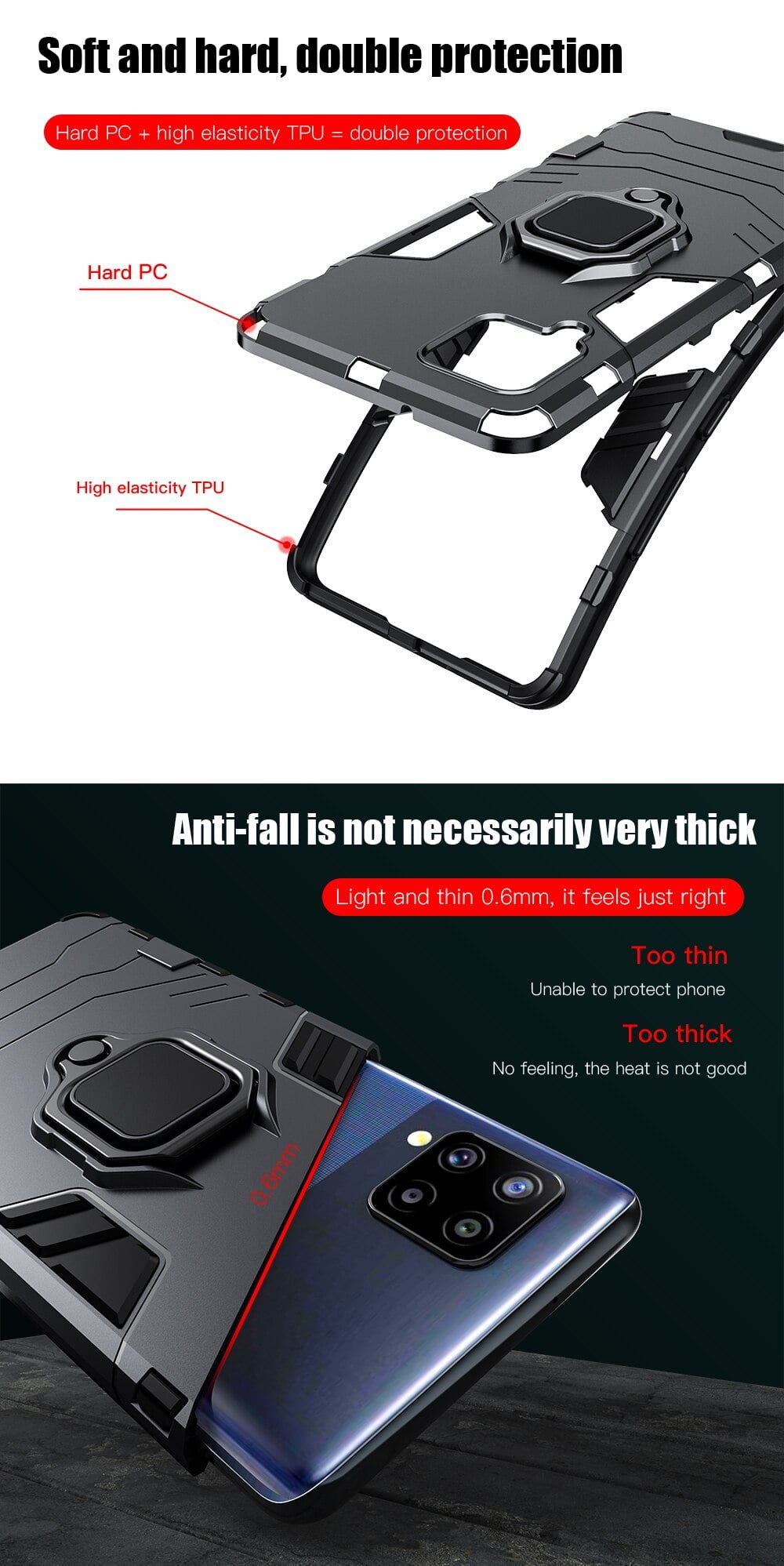 KEYSION Shockproof Armor Case for Samsung A42 5G Ring Stand Bumper Silicone Phone Back Cover for Galaxy S20 FE A11 A31 A01 Core
