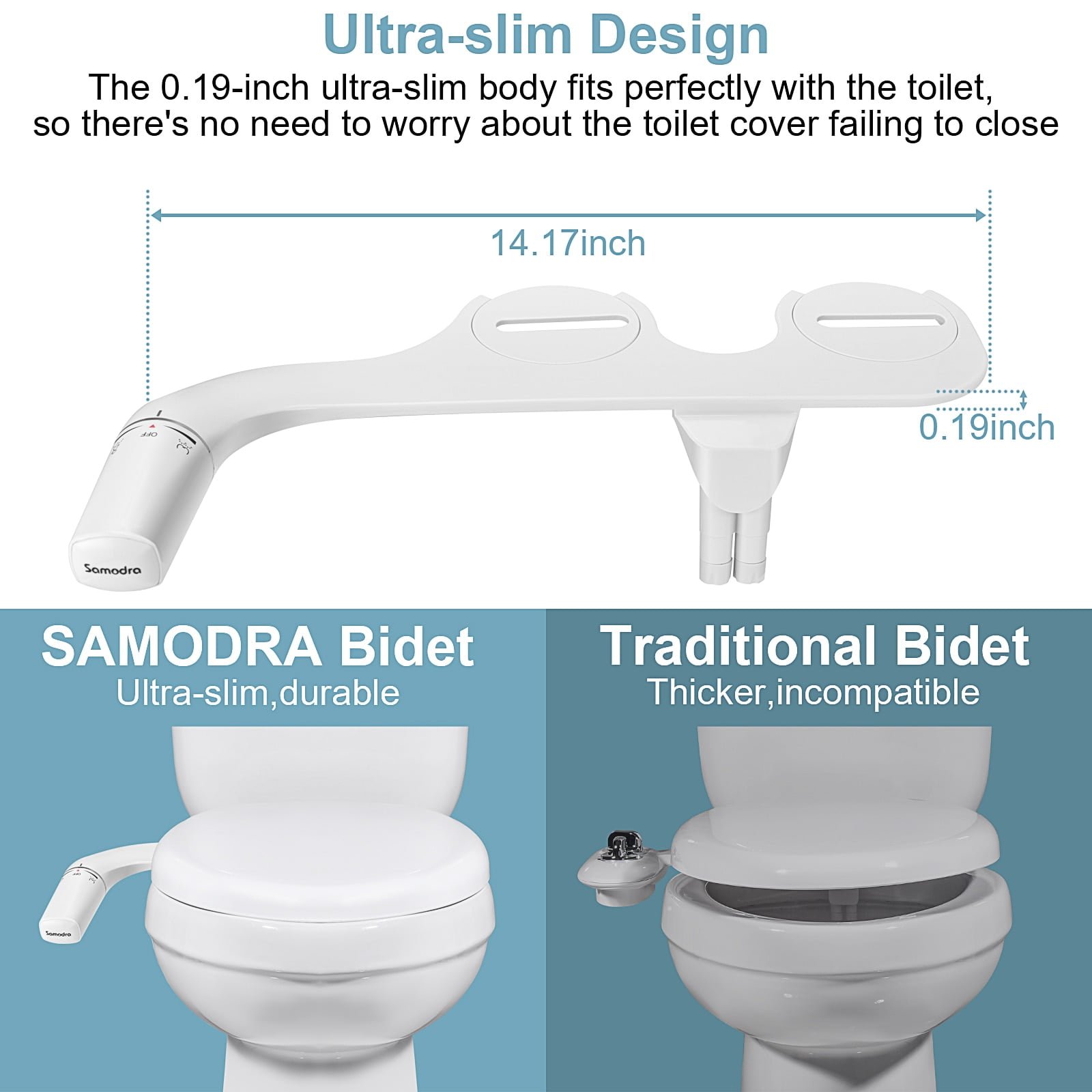 SAMODRA Bidet Attachment Ultra-Slim Toilet Seat Attachment Dual Nozzle Bidet Adjustable Water Pressure Non-Electric Ass Sprayer SAMODRA Bidet Attachment Ultra-Slim Toilet Seat Attachment Dual Nozzle Bidet Adjustable Water Pressure Non-Electric Ass Sprayer