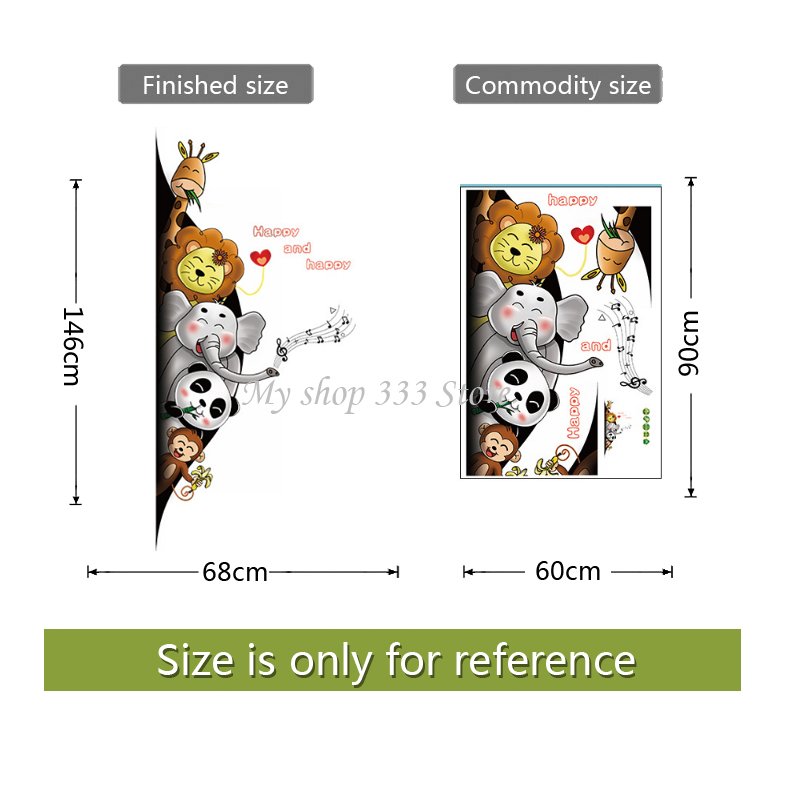 68 * 146cm Cartoon Animals 3D Wall stickers For Kids Room Friendly Panda Elephant Monkey Wallpaper Creative Door Decor