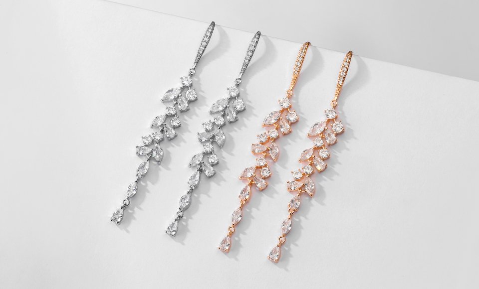 Crystal Leaf Shaped Long Drop Earrings