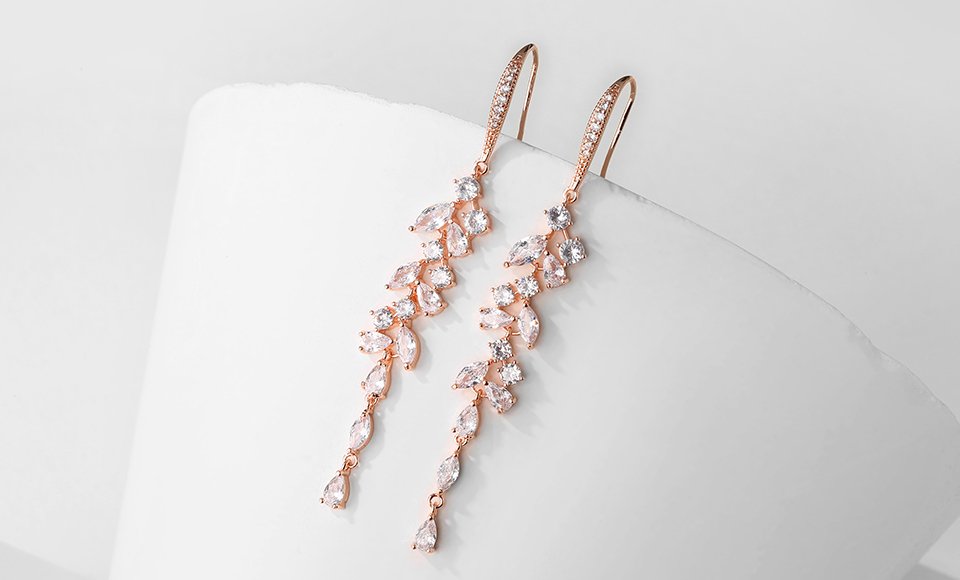 Crystal Leaf Shaped Long Drop Earrings