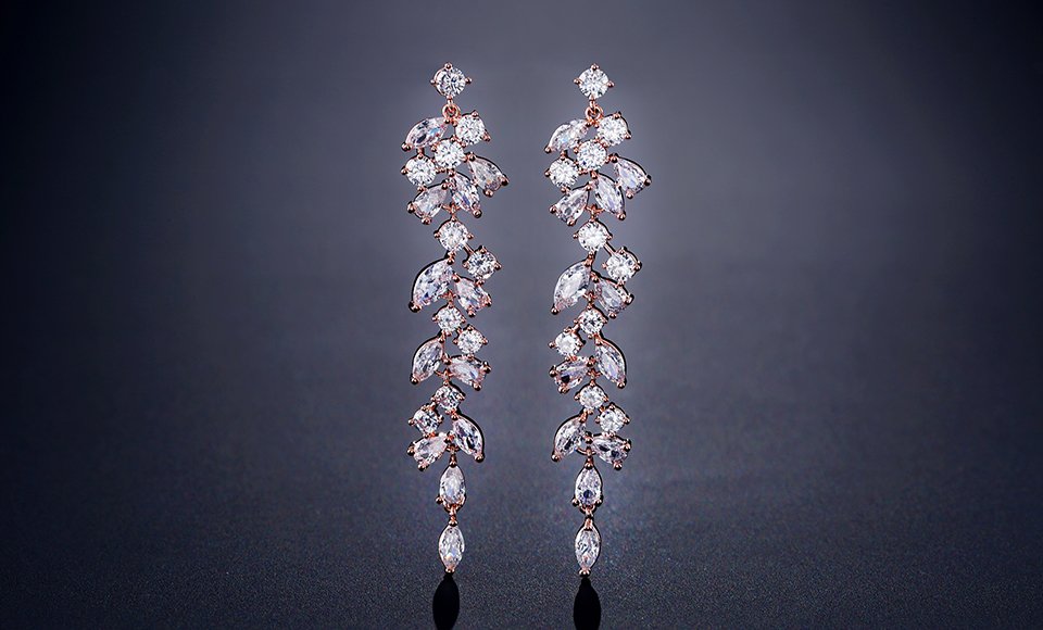 Crystal Leaf Shaped Long Drop Earrings