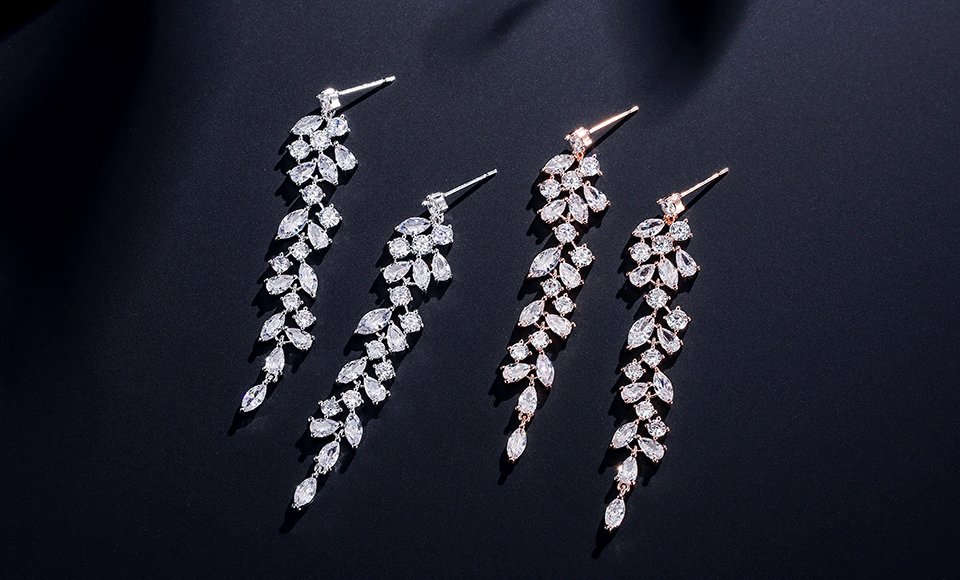 Crystal Leaf Shaped Long Drop Earrings