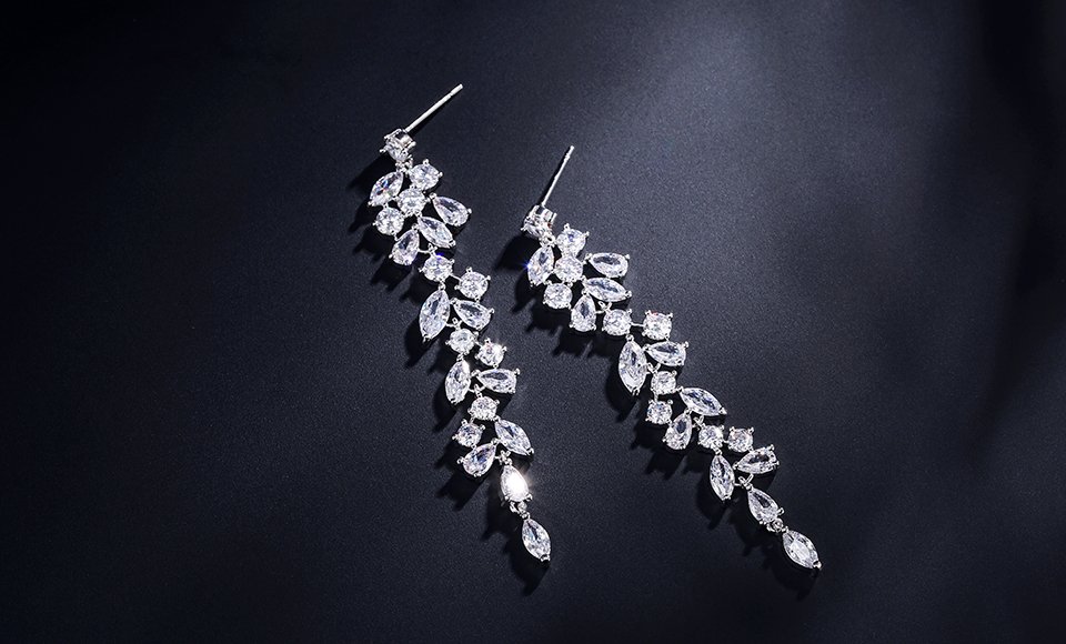 Crystal Leaf Shaped Long Drop Earrings