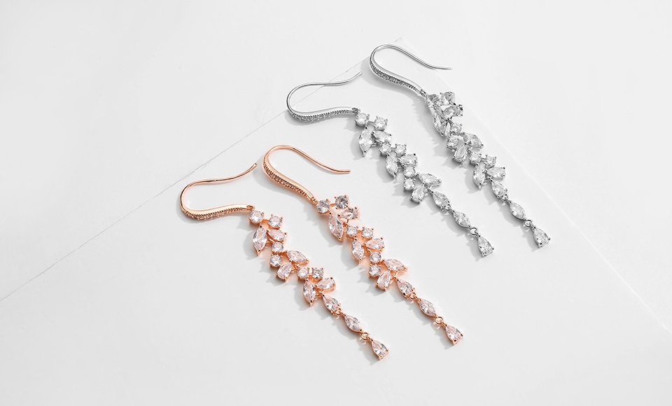 Crystal Leaf Shaped Long Drop Earrings