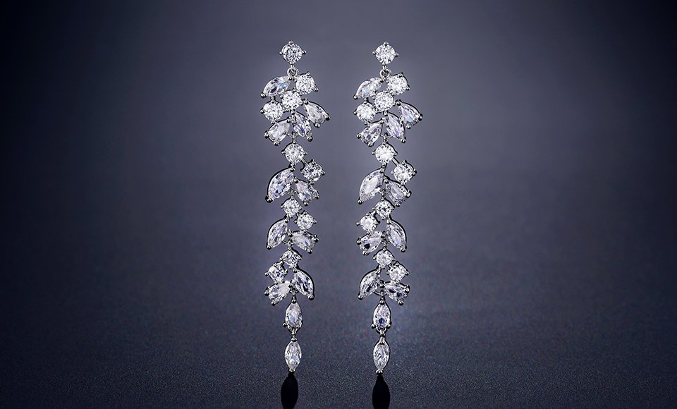 Crystal Leaf Shaped Long Drop Earrings