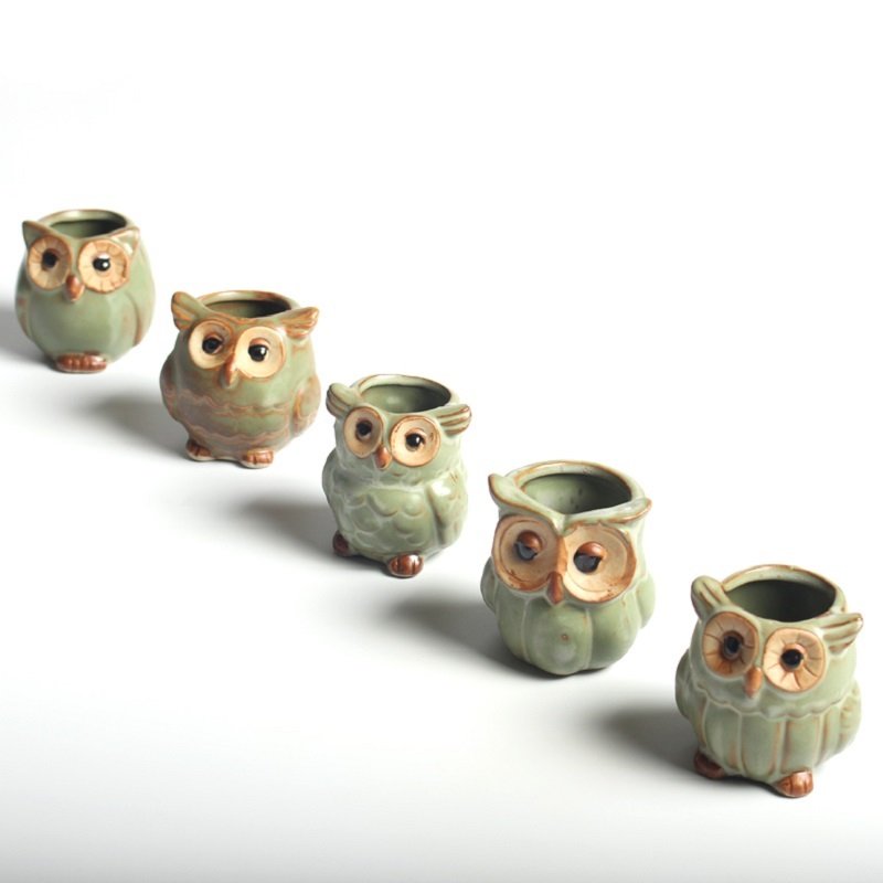 Set of 5 Ceramic Plant Pots in Owl Shape