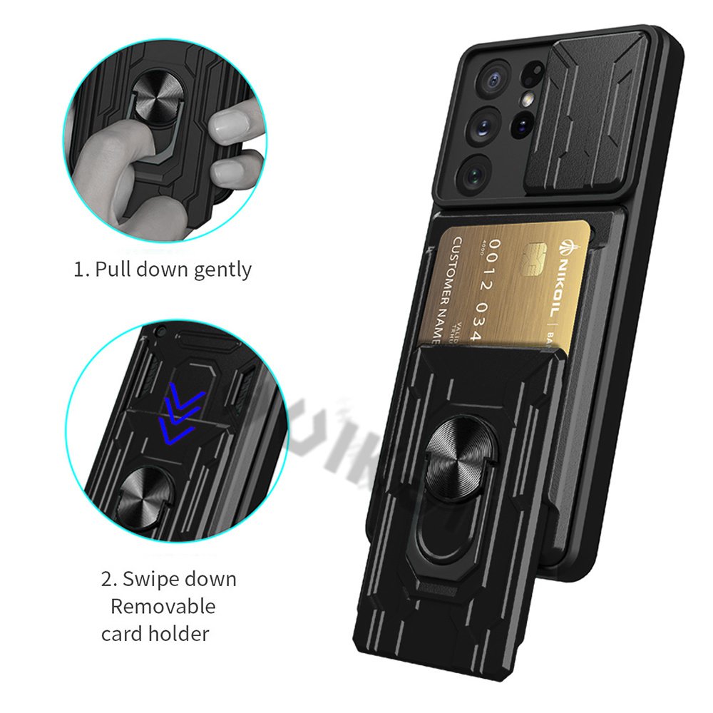 For Samsung S22 S21 Ultra Plus Case Slide Stand Kickstand Ring Camera Military Grade Card Slot Galaxy Note 20 A13 A32 A73 A52 72
