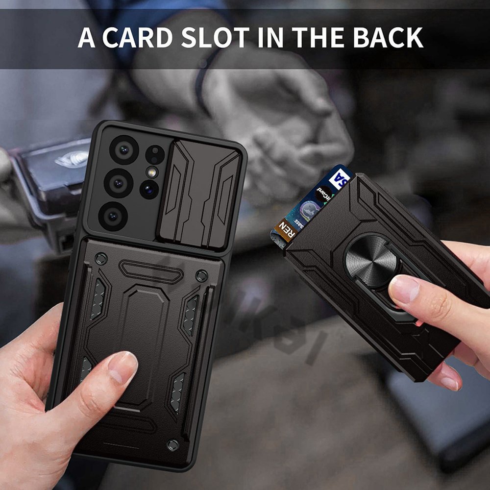 For Samsung S22 S21 Ultra Plus Case Slide Stand Kickstand Ring Camera Military Grade Card Slot Galaxy Note 20 A13 A32 A73 A52 72