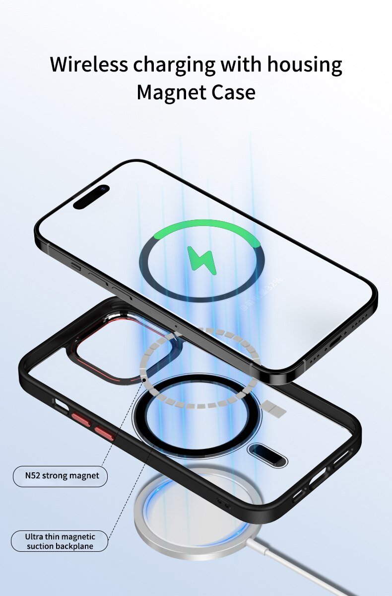 Luxury Clear HD Phone Case For iPhone 14 13 12 11 Pro Max Funda Magnetic Magsafe Wireless Charging Shockproof Hybrid Armor Cover