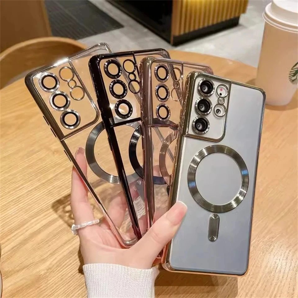 Original Wireless Magnet Plating Cover For Magsafe Case Samsung Galaxy S21 S23 Fe S22 Plus S24 Ultra 4K Glas Full Camera Protect