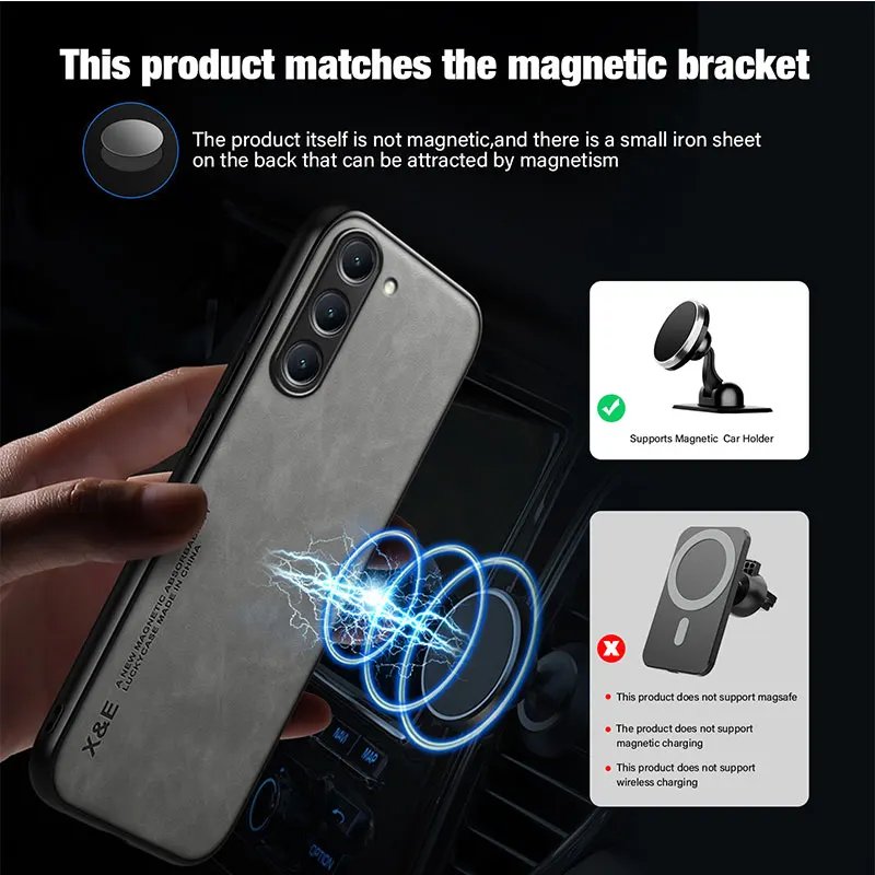 Sheepskin Leather Magnetic Case For Samsung Galaxy S24 S23 S22 S21 FE S20 Plus Note 20 Ultra Coque Built-in Metal Plate Cover