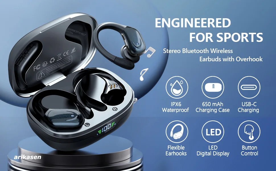 Wireless Earbuds Sport Bluetooth 5.3 Headphones with Noise Cancelling Mic 75H HiFi Stereo Over Ear Bud LED Display USB-C IPX6 Wireless Earbuds Sport Bluetooth 5.3 Headphones with Noise Cancelling Mic 75H HiFi Stereo Over Ear Bud LED Display USB-C IPX6