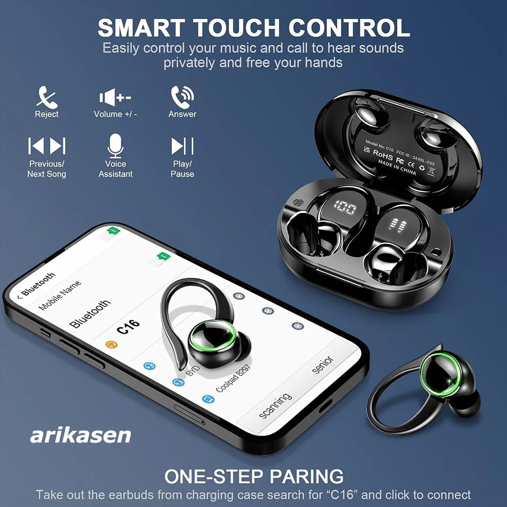 Headphones Bluetooth 5.3 Wireless Bass Stereo Over Ear Earbuds ENC Noise Cancelling Mic with Earhooks 48H Playback LED Display Headphones Bluetooth 5.3 Wireless Bass Stereo Over Ear Earbuds ENC Noise Cancelling Mic with Earhooks 48H Playback LED Display