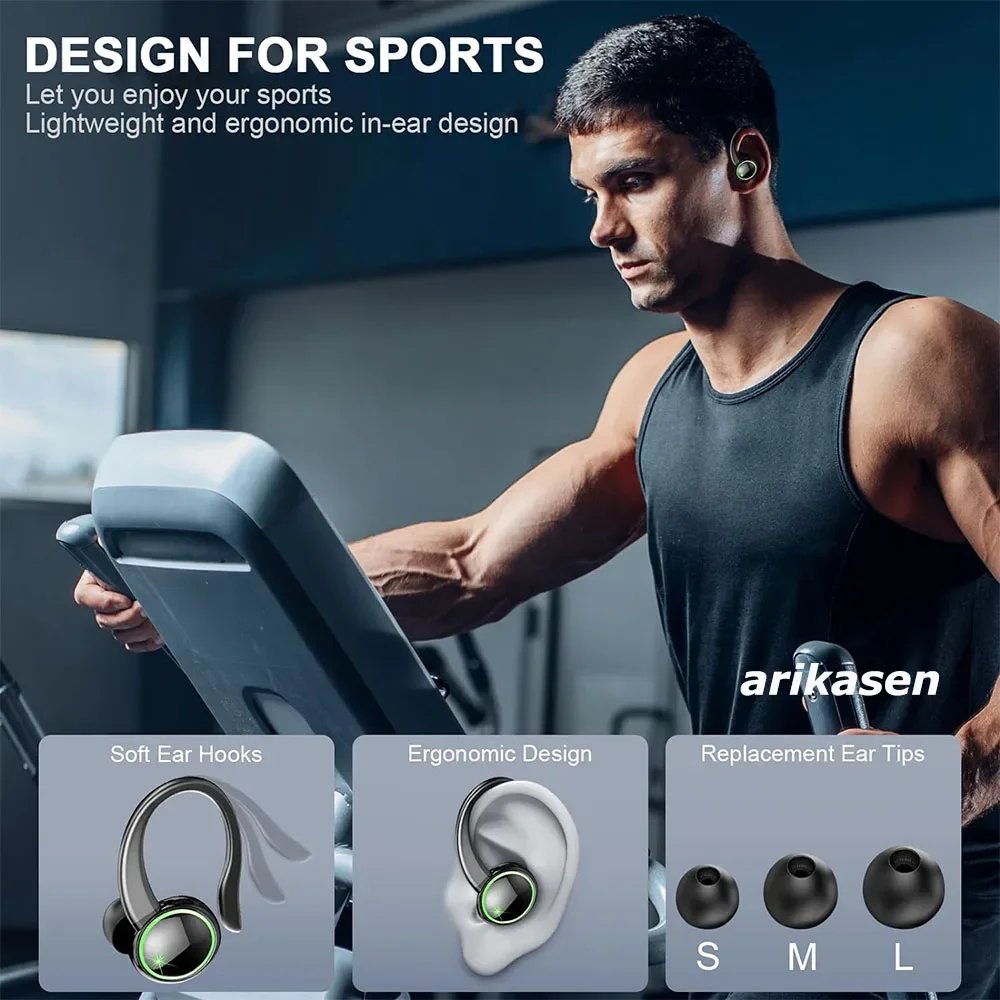 Headphones Bluetooth 5.3 Wireless Bass Stereo Over Ear Earbuds ENC Noise Cancelling Mic with Earhooks 48H Playback LED Display Headphones Bluetooth 5.3 Wireless Bass Stereo Over Ear Earbuds ENC Noise Cancelling Mic with Earhooks 48H Playback LED Display