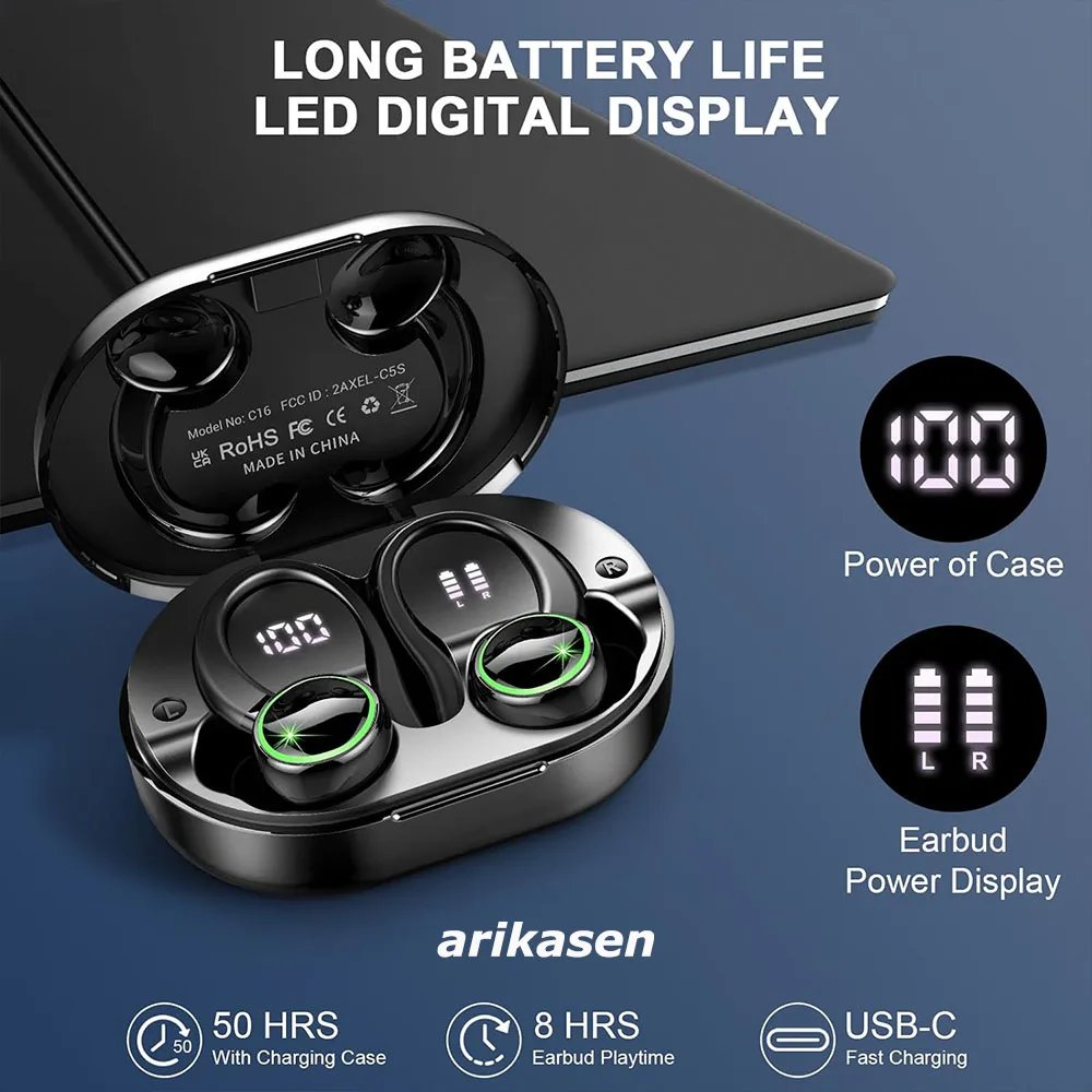 Headphones Bluetooth 5.3 Wireless Bass Stereo Over Ear Earbuds ENC Noise Cancelling Mic with Earhooks 48H Playback LED Display Headphones Bluetooth 5.3 Wireless Bass Stereo Over Ear Earbuds ENC Noise Cancelling Mic with Earhooks 48H Playback LED Display