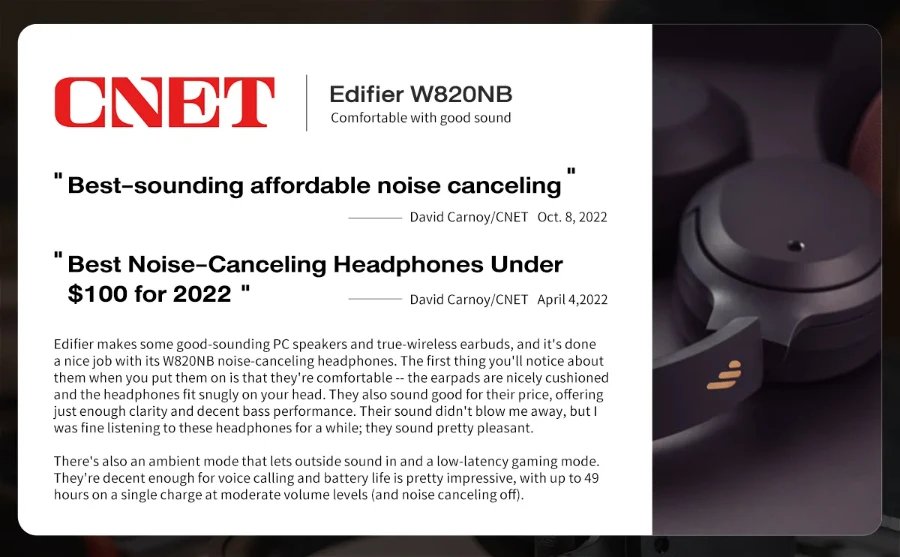 Edifier W820NB Plus Wireless Noise Cancelling Headphones 43dB ANC Hi-Res LDAC Codec 49hrs Playtime Over-Ear Bluetooth Headset Edifier W820NB Plus Wireless Noise Cancelling Headphones 43dB ANC Hi-Res LDAC Codec 49hrs Playtime Over-Ear Bluetooth Headset