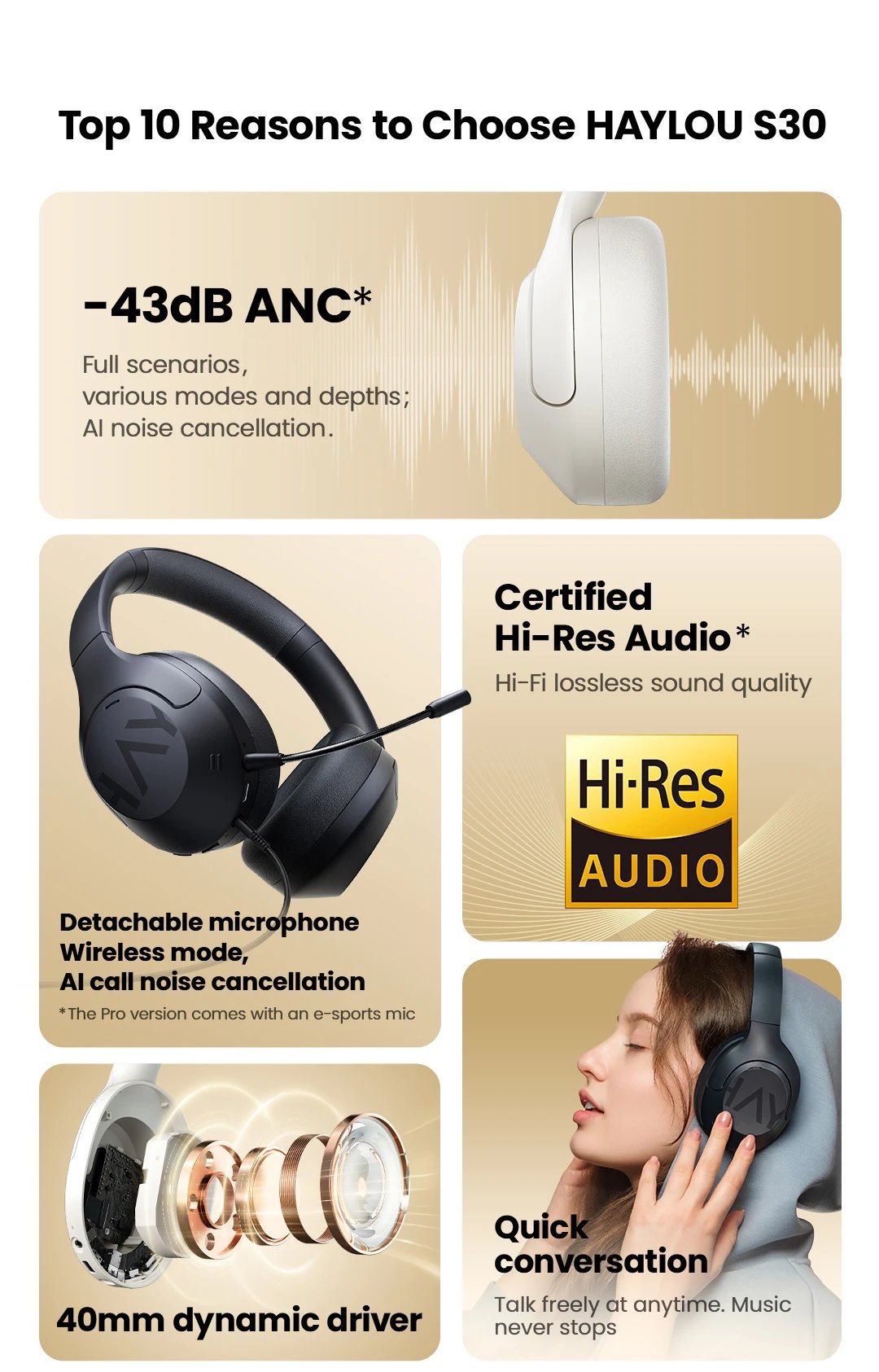 HAYLOU S30 Wireless Bluetooth 5.4 Headphones 43dB Adaptive Noise Cancelling Headsets 40mm Driver 80H Playtime Earphones HAYLOU S30 Wireless Bluetooth 5.4 Headphones 43dB Adaptive Noise Cancelling Headsets 40mm Driver 80H Playtime Earphones