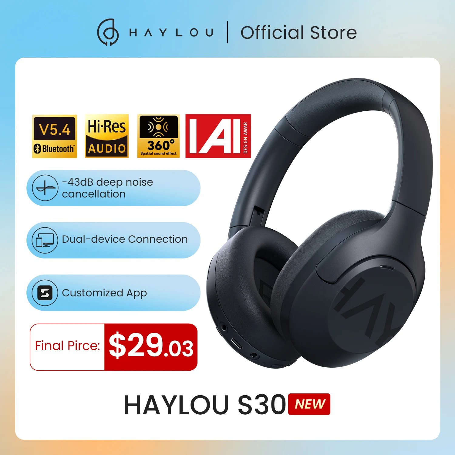 HAYLOU S30 Wireless Bluetooth 5.4 Headphones 43dB Adaptive Noise Cancelling Headsets 40mm Driver 80H Playtime Earphones HAYLOU S30 Wireless Bluetooth 5.4 Headphones 43dB Adaptive Noise Cancelling Headsets 40mm Driver 80H Playtime Earphones